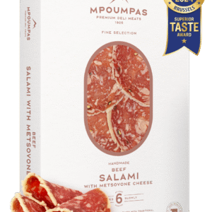 Beef Salami with Metsovone Cheese, aged for 6 months, made from Greek free-range beef and infused with smoked PDO Metsovone cheese
