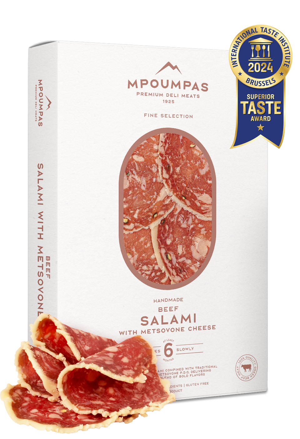 Beef Salami with Metsovone Cheese, aged for 6 months, made from Greek free-range beef and infused with smoked PDO Metsovone cheese