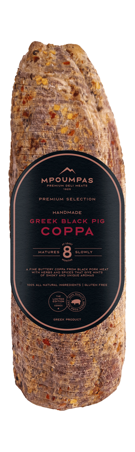 Whole Greek Black Pig Coppa aged for 8 months, featuring rich marbling and a deep red hue—crafted from 97% Greek black pig meat and seasoned with paprika, chili, and black pepper for professional deli and restaurant use.