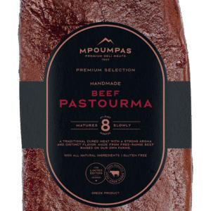 Whole Beef Pastourma aged for 8 months, made from 96% Greek free-range beef and coated in traditional spice crust with fenugreek, paprika, and garlic—ideal for slicing in restaurants, delis, and gourmet foodservice.