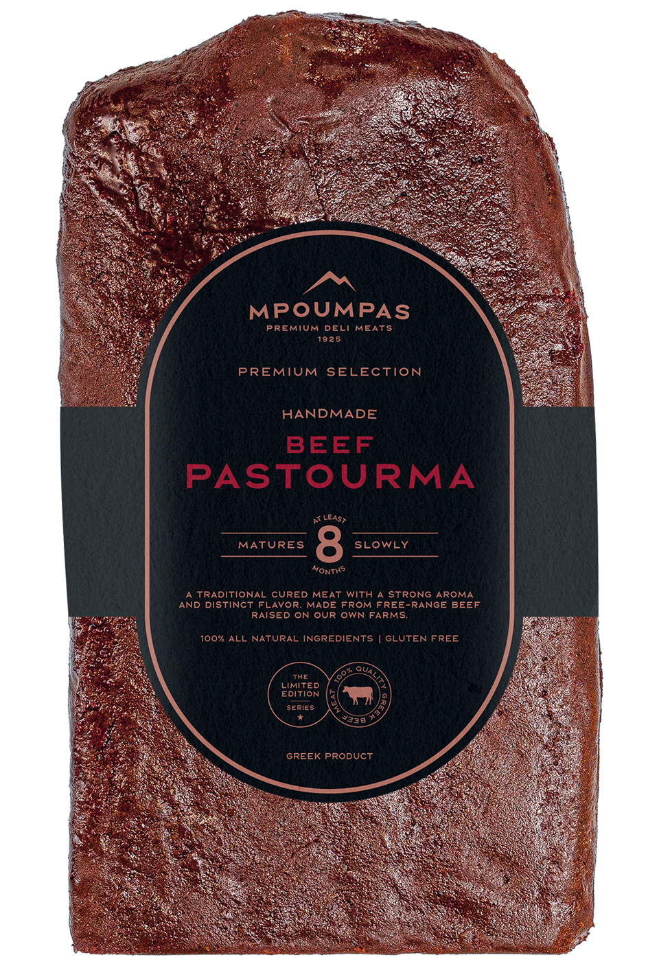 Whole Beef Pastourma aged for 8 months, made from 96% Greek free-range beef and coated in traditional spice crust with fenugreek, paprika, and garlic—ideal for slicing in restaurants, delis, and gourmet foodservice.