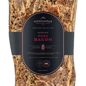 Whole Pork Bacon aged for 8 months, handcrafted from 97% Greek black pig meat with visible marbling—ideal for slicing in professional kitchens, delis, and gourmet foodservice applications.