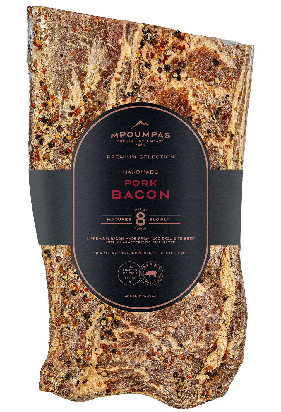 Whole Pork Bacon aged for 8 months, handcrafted from 97% Greek black pig meat with visible marbling—ideal for slicing in professional kitchens, delis, and gourmet foodservice applications.