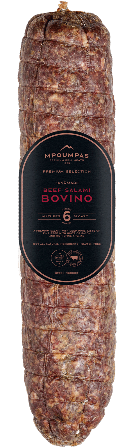 Whole Beef Salami Bovino aged for 6 months, made from premium Greek beef with a firm texture and deep marbling—ideal for slicing in professional kitchens, delis, and gourmet foodservice.
