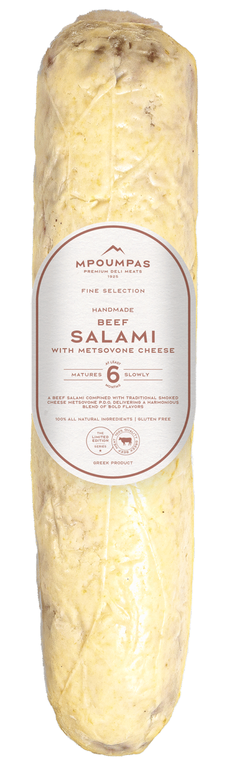 Whole Beef Salami with Metsovone Cheese, aged for 6 months, made from Greek free-range beef and infused with smoked PDO Metsovone cheese—ideal for deli slicing, gourmet kitchens, and foodservice use.