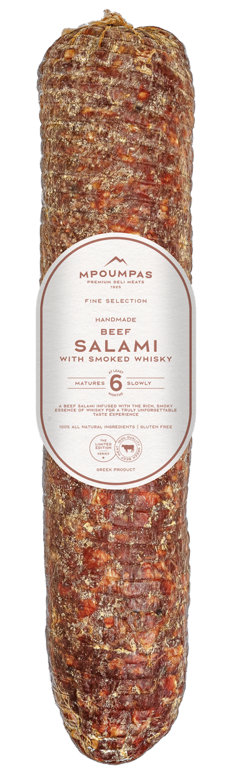 Whole Beef Salami with Smoked Whiskey aged for 6 months, made from 97% Greek free-range beef and infused with natural whiskey aroma—ideal for slicing in gourmet kitchens, delis, and premium foodservice.