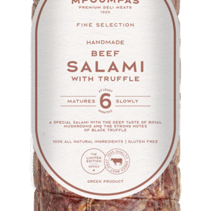 Whole Beef Salami with Black Truffle aged for 6 months, made from Greek free-range beef and infused with truffle aroma—ideal for slicing in upscale restaurants, delis, and gourmet foodservice.