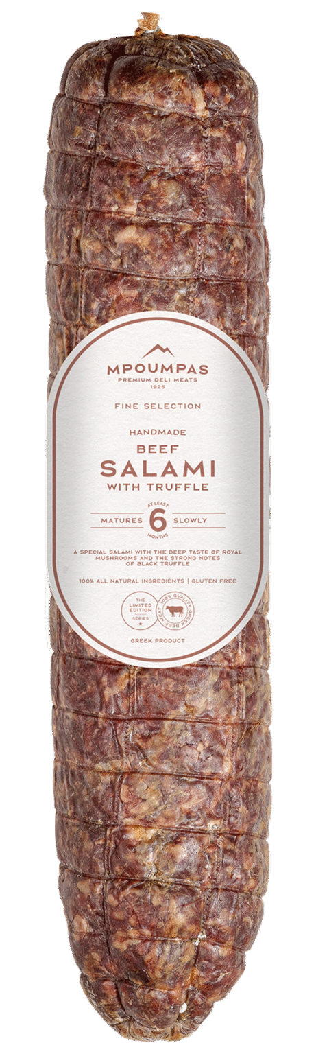 Whole Beef Salami with Black Truffle aged for 6 months, made from Greek free-range beef and infused with truffle aroma—ideal for slicing in upscale restaurants, delis, and gourmet foodservice.