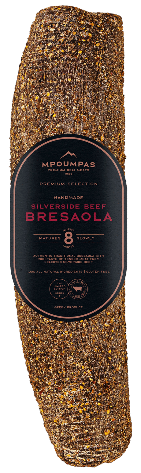 Whole Silverside Beef Bresaola aged for 8 months, made from 97% premium Greek beef, featuring a lean, uniform cut with delicate marbling—ideal for slicing in restaurants, delis, and gourmet foodservice.