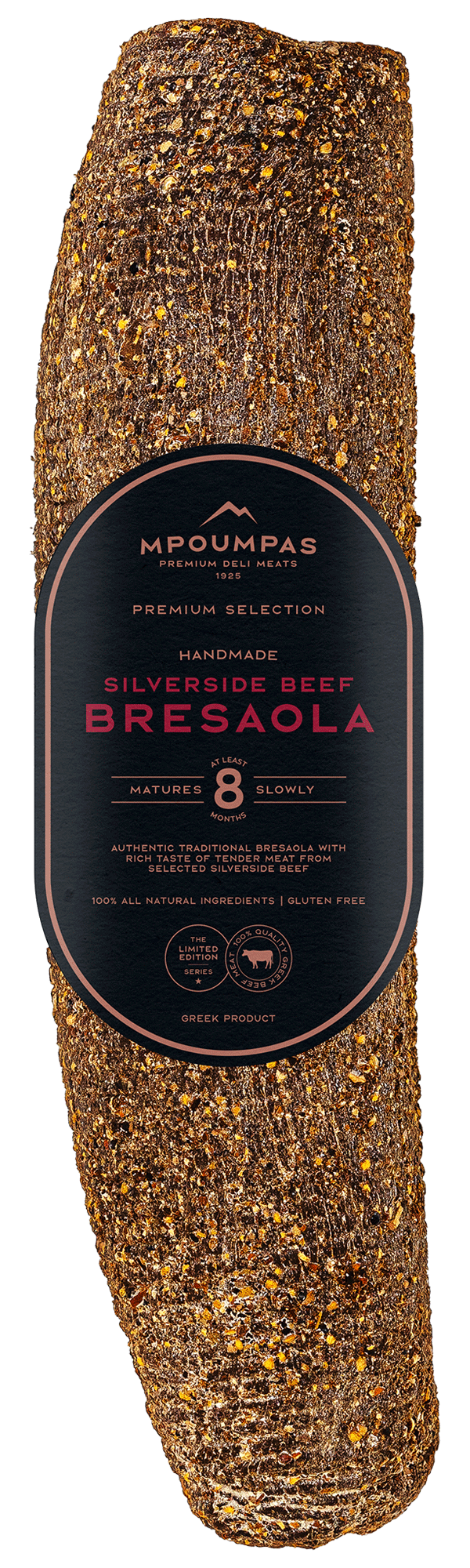 Whole Silverside Beef Bresaola aged for 8 months, made from 97% premium Greek beef, featuring a lean, uniform cut with delicate marbling—ideal for slicing in restaurants, delis, and gourmet foodservice.