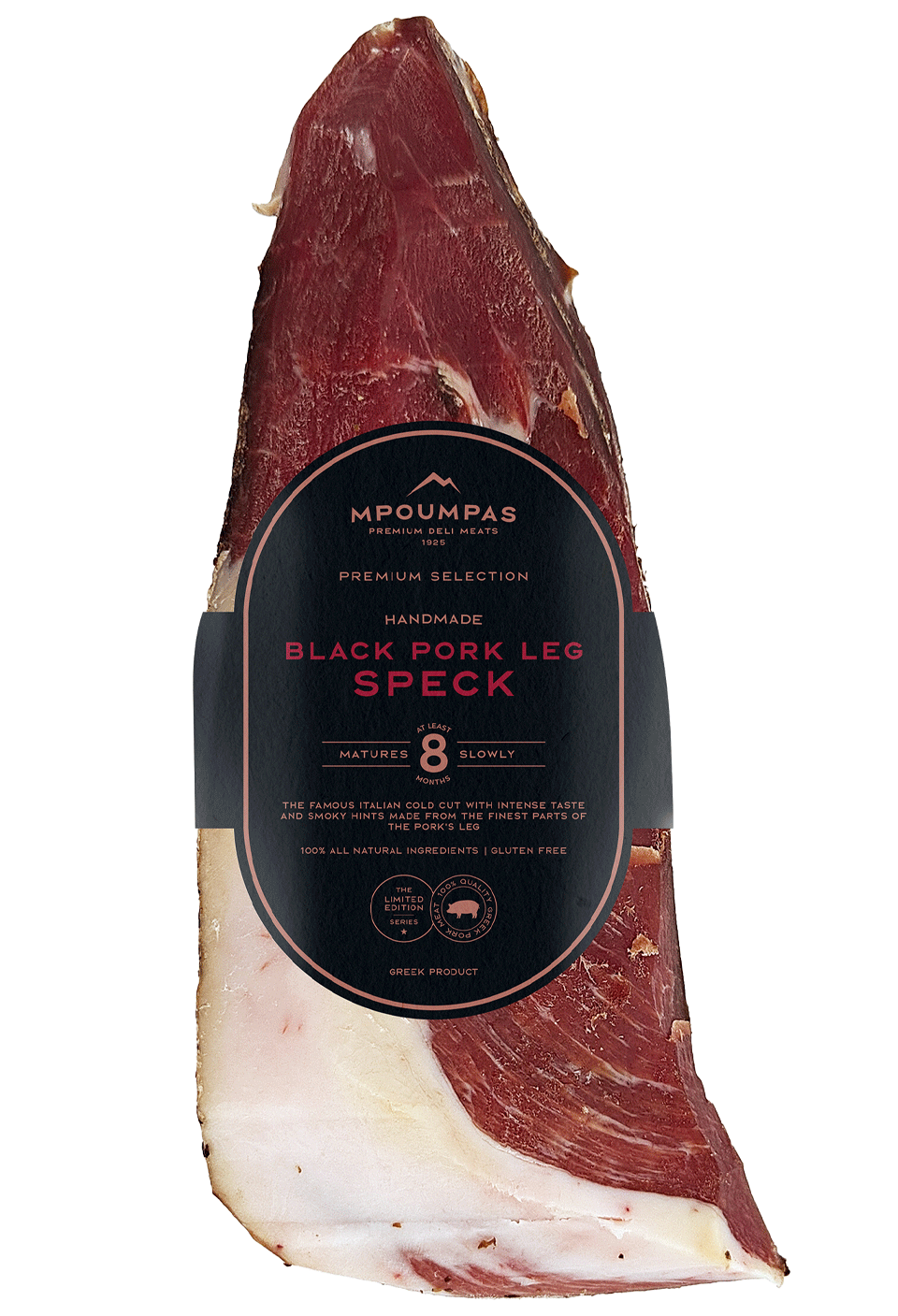 Whole Black Pork Leg Speck aged for 8 months, made from 97% Greek black pig meat with visible marbling, gently smoked and seasoned—ideal for slicing in gourmet delis, restaurants, and premium foodservice.